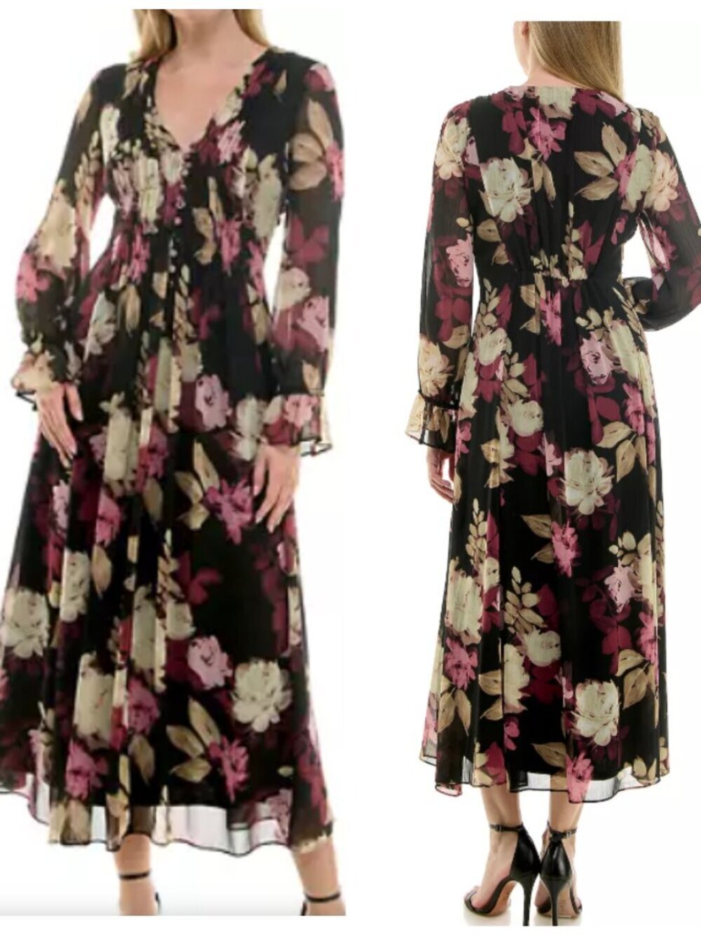 Taylor Chiffon Floral Print Dress Long Sleeve Size 16/XL Smoke V-Neck Party - Picture 4 of 12